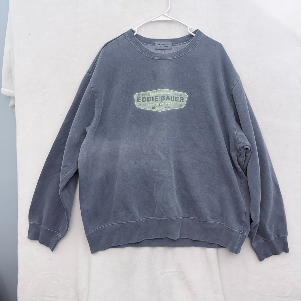 Vintage Eddie Bauer Sweatshirt Mens XL Blue Fleece Pullover Logo Graphic